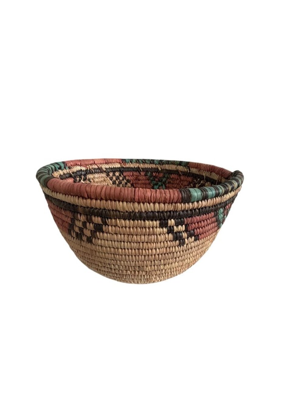 Vintage African Hand Coiled Basket Bowl Dyed Raffia Pink Green Geometric 10 Inch